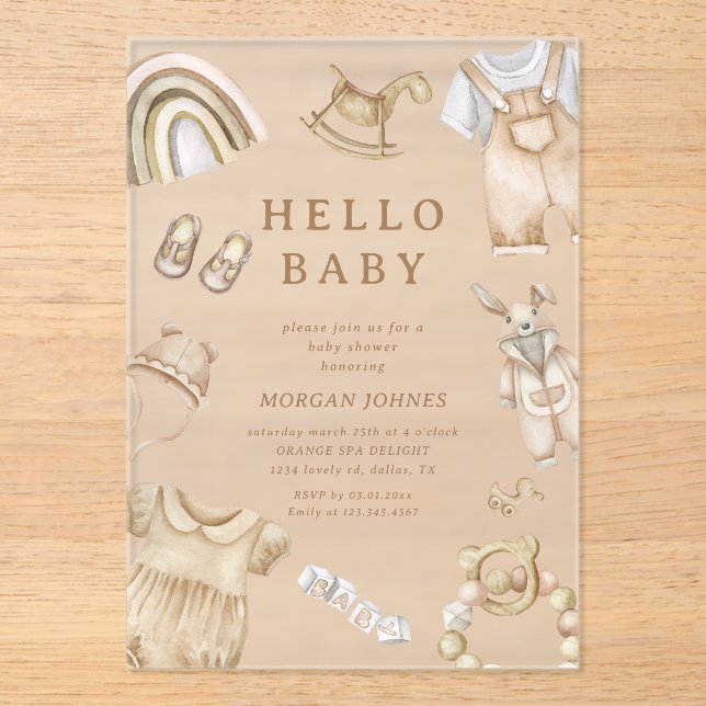 Invitaciones Acrílicas Boho Clothes Nursery Baby Shower (Anverso)