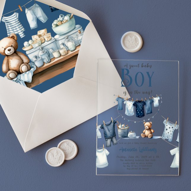 Invitaciones Acrílicas Boho Clothesline Blue Sweet Boy Baby Shower (Subido por el creador)