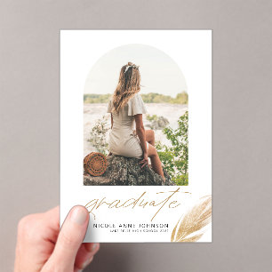 Invitaciones Acrílicas Boho Dorado Brillo Pluma Blanca Foto Graduación
