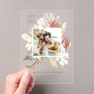 Invitaciones Acrílicas Boho Dried Palm and Orchids Photo Save the Date