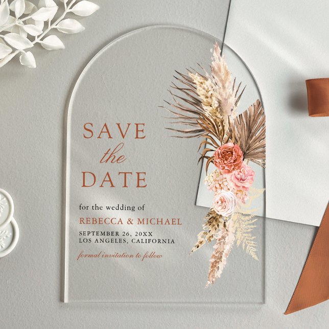 Invitaciones Acrílicas Boho Earthy Floral Pampas Wedding Save the Date (Subido por el creador)