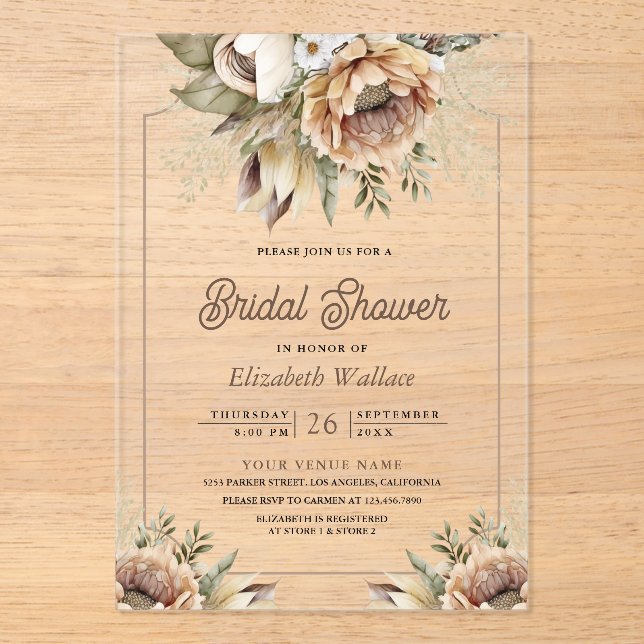 Invitaciones Acrílicas Boho Earthy Floral Taupe Bridal Shower (Anverso)