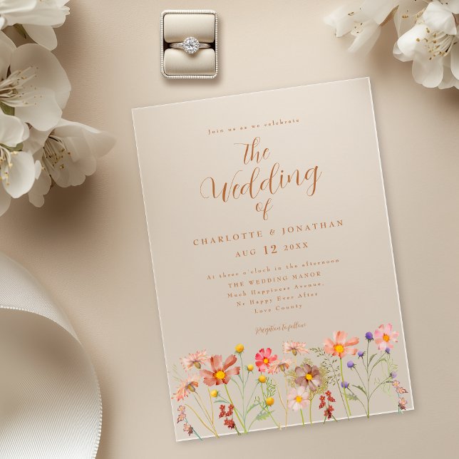 Invitaciones Acrílicas Boho fall Wildflower Boda (Boho fall wildflower wedding acrylic invitation with watercolor florals & elegant terracotta script)