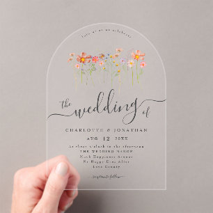 Invitaciones Acrílicas Boho Flor Silvestre Rosa Naranja Amarillo Oxidado