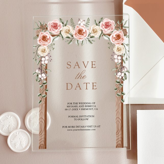 Invitaciones Acrílicas Boho Floral Canopy Wedding Save the Date (Subido por el creador)