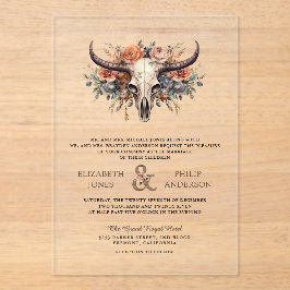 Invitaciones Acrílicas Boho Floral Cow Skull Western Wedding