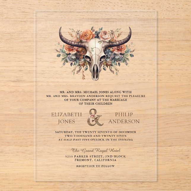 Invitaciones Acrílicas Boho Floral Cow Skull Western Wedding (Anverso)