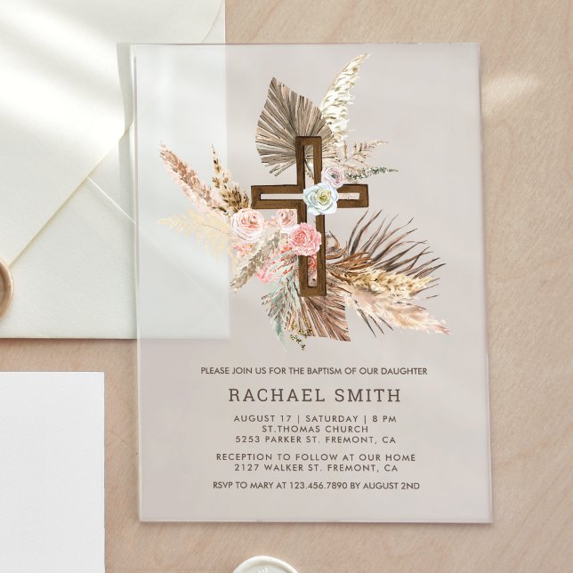 Invitaciones Acrílicas Boho Floral Pampas Crucismo de la madera Bautismo (Subido por el creador)