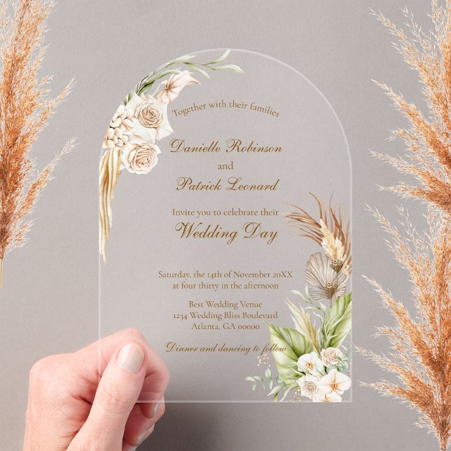 Invitaciones Acrílicas Boho Floral Pampas Grass Earth Tones Boda (Subido por el creador)