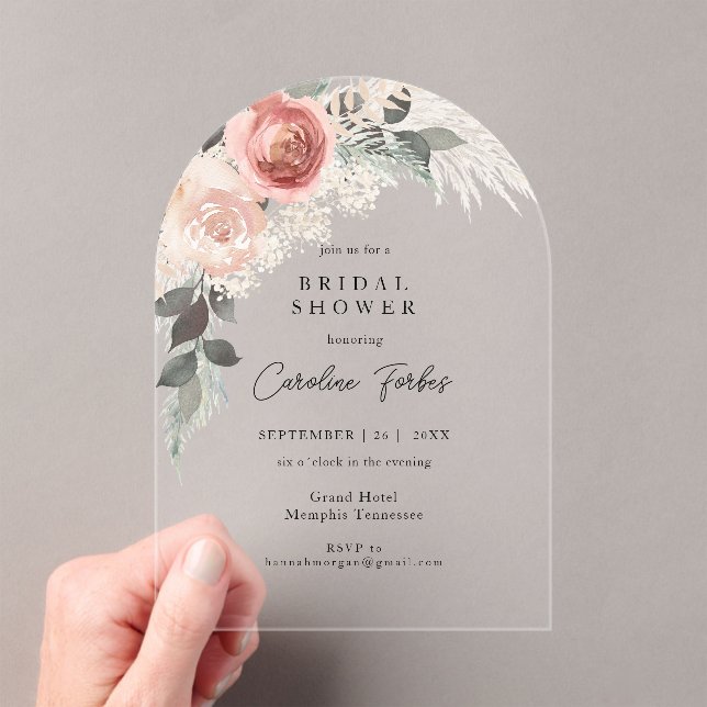 Invitaciones Acrílicas Boho, Floral, Pampasgras, Arch Bridal Shower (Insitu (portátil))