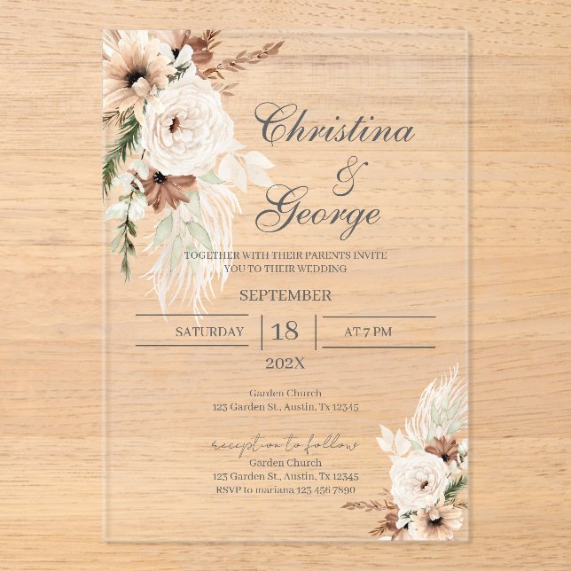 Invitaciones Acrílicas Boho Floral Wedding Acrylic Invitation (Anverso)