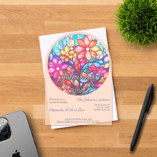 Invitaciones Acrílicas Boho floreció imitación de vidrio tintado cumpleañ (Insitu (Tarjeta de Invitación))