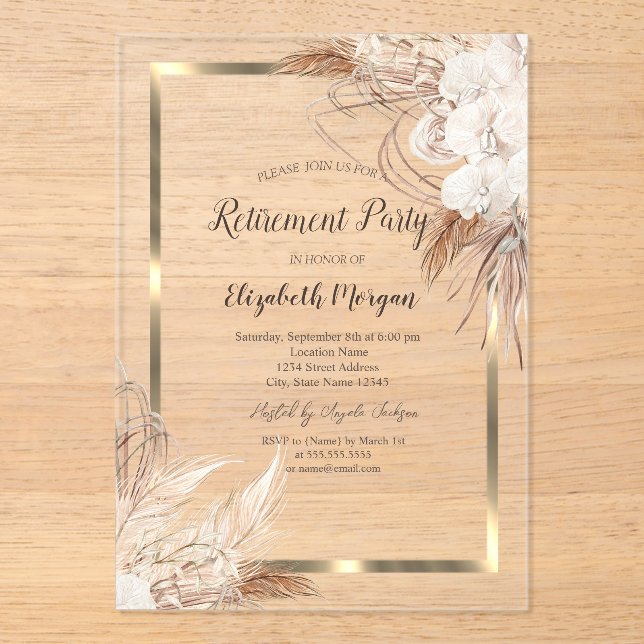 Invitaciones Acrílicas Boho Flores Pampas Jubilación de Marco de Oro Gras (Anverso)
