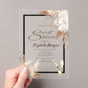 Invitaciones Acrílicas Boho Flowers Pampas Grass Wood Sweet 16