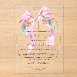 Invitaciones Acrílicas Boho Flowers Pink Bow Girl Baptism Transparent  