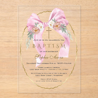 Invitaciones Acrílicas Boho Flowers Pink Bow Girl Baptism Transparent