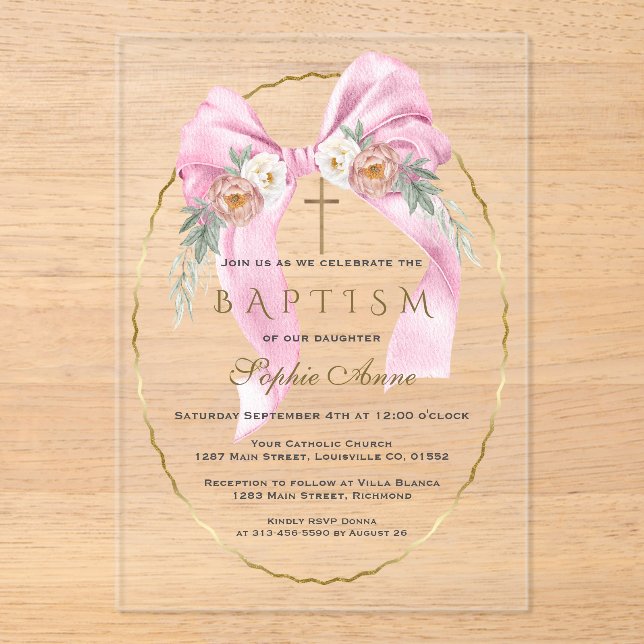 Invitaciones Acrílicas Boho Flowers Pink Bow Girl Baptism Transparent   (Anverso)