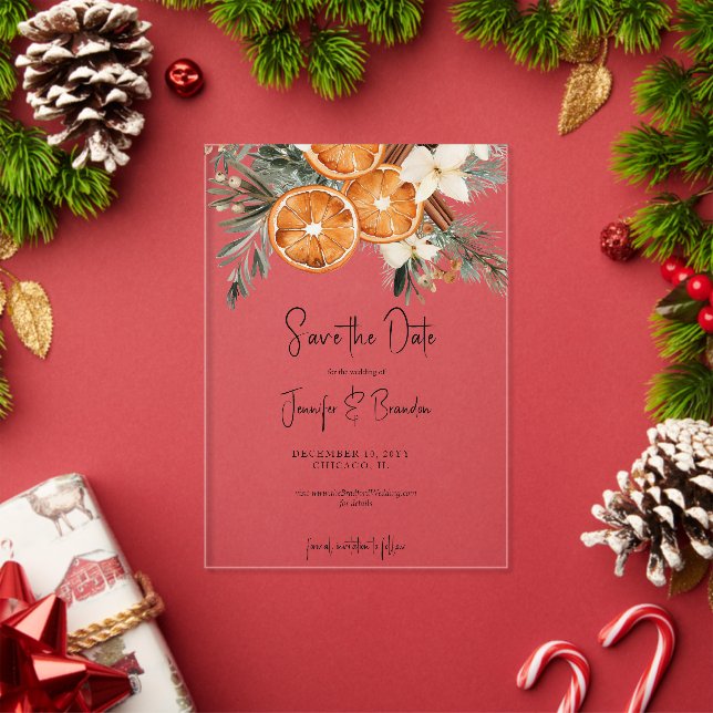 Invitaciones Acrílicas Boho Greenery de Invierno naranjas secas Guarda la (Insitu (Vacaciones))