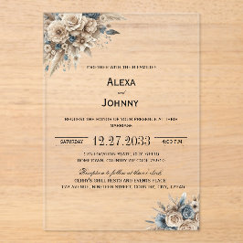 Invitaciones Acrílicas Boho Hierba de Pampas Florales Azules Elegantes