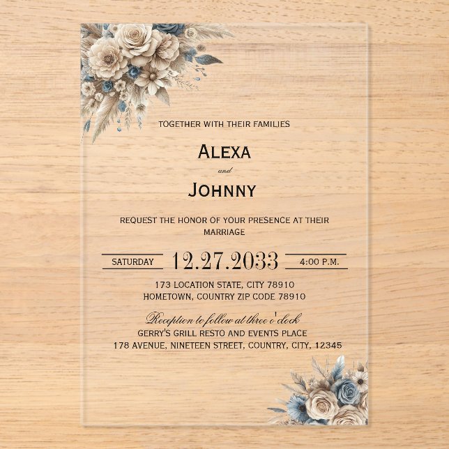 Invitaciones Acrílicas Boho Hierba de Pampas Florales Azules Elegantes (Anverso)