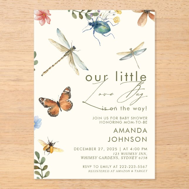 Invitaciones Acrílicas Boho Love Bug Insects Dragonfly baby shower  (Anverso)