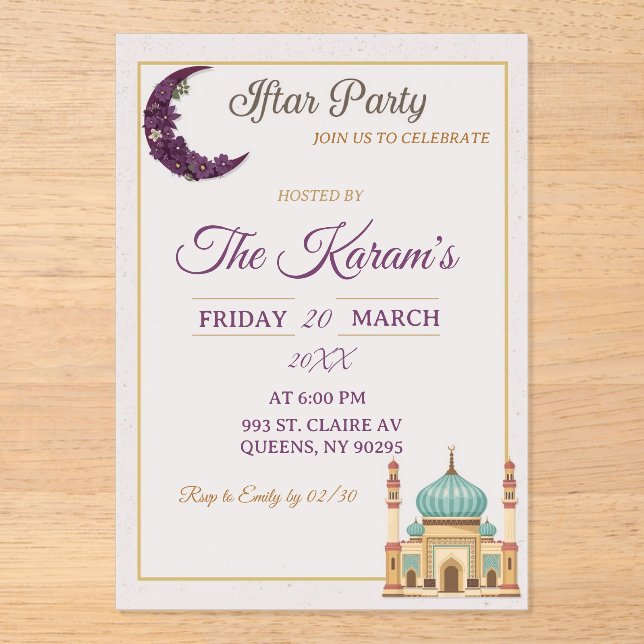 Invitaciones Acrílicas Boho  Minimalist Mosque Ramadan Iftar Party  (Anverso)