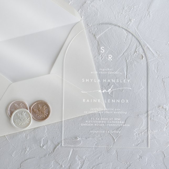 Invitaciones Acrílicas Boho Monograma Boda blanco transparente moderno (Boho Monogram Modern Unique White Clear Wedding Acrylic Invitations)