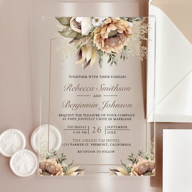 Invitaciones Acrílicas Boho Neutral Earthy Floral Taupe Wedding (Subido por el creador)