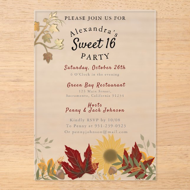 Invitaciones Acrílicas Boho Otoñal Chic Dulces 16  (Anverso)