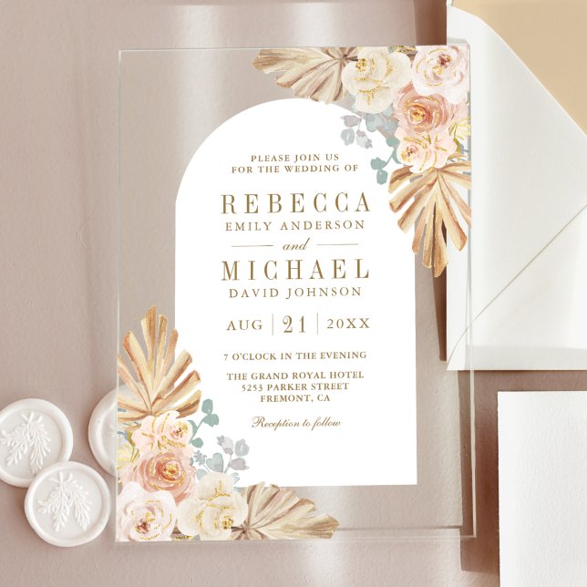 Invitaciones Acrílicas Boho Palm Dusty Earthy Floral Arch Wedding (Subido por el creador)