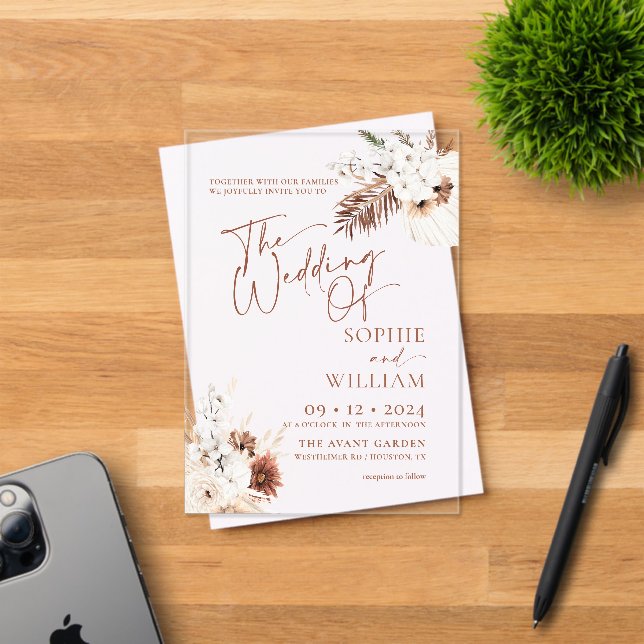 Invitaciones Acrílicas Boho Pampas Boda (Insitu (Tarjeta de Invitación))