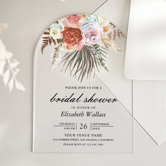 Invitaciones Acrílicas Boho Pampas Earthy Floral Terracotta Bridal Shower (Subido por el creador)