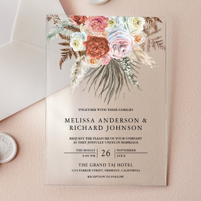 Invitaciones Acrílicas Boho Pampas Grass Earthy Floral Terracotta Wedding (Subido por el creador)