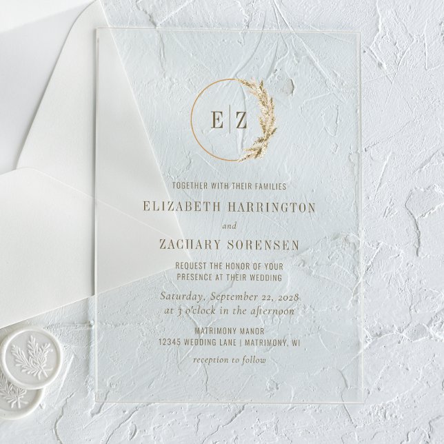 Invitaciones Acrílicas Boho Pampas Grass Monograma Wreath Beige Boda (Subido por el creador)