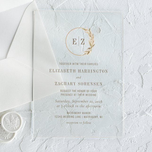 Invitaciones Acrílicas Boho Pampas Grass Monograma Wreath Boda (Subido por el creador)