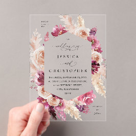 Invitaciones Acrílicas Boho Pampas Pink Grass Floral Boda