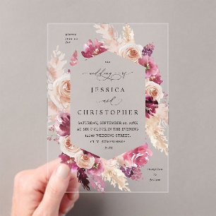 Invitaciones Acrílicas Boho Pampas Pink Grass Floral Boda