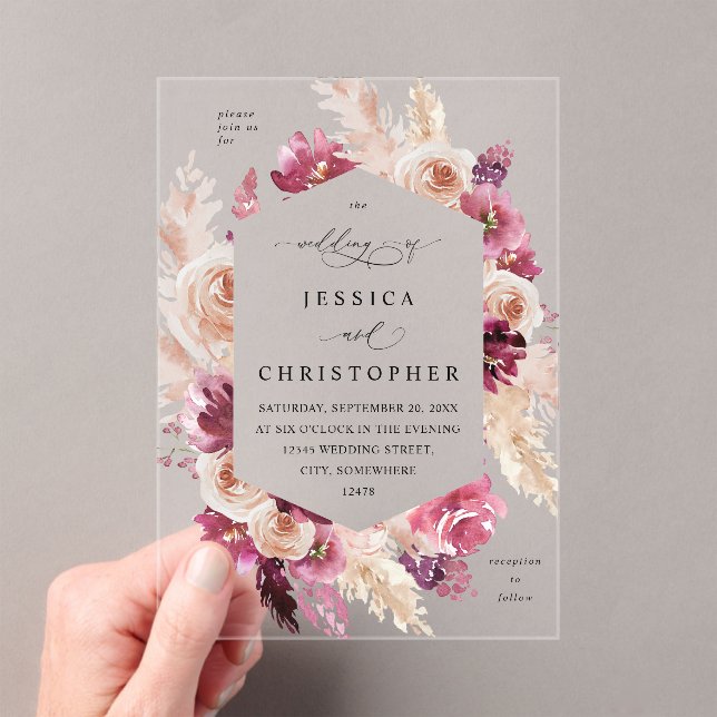 Invitaciones Acrílicas Boho Pampas Pink Grass Floral Boda (Insitu (portátil))