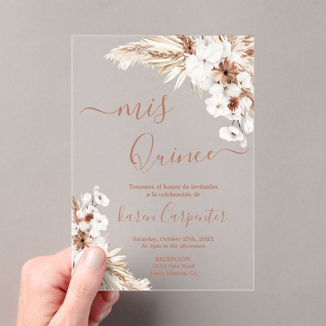 Invitaciones Acrílicas Boho Pampas Quinceanera acrílico (Insitu (portátil))