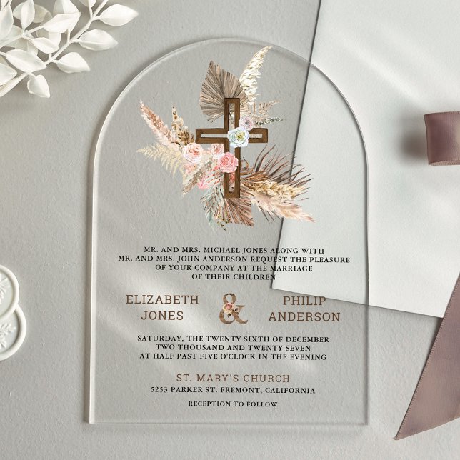 Invitaciones Acrílicas Boho Pampas Wood Cross Catholic Wedding (Subido por el creador)