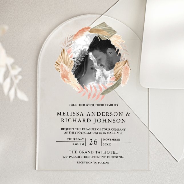 Invitaciones Acrílicas Boho Pampas Wreath Photo Dried Palm Leaves Wedding (Subido por el creador)