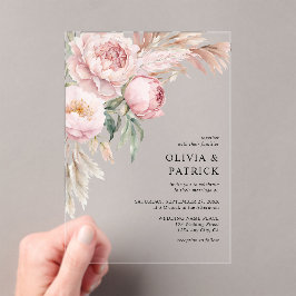 Invitaciones Acrílicas Boho Pink Peonies & Pampas Grass Floral Boda