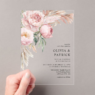 Invitaciones Acrílicas Boho Pink Peonies & Pampas Grass Floral Boda
