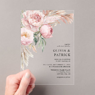 Invitaciones Acrílicas Boho Pink Peonies & Pampas Grass Floral Boda