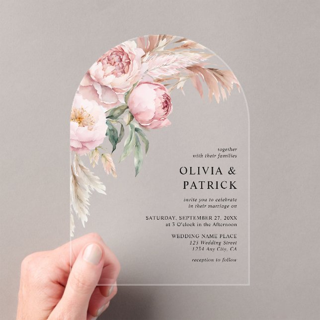 Invitaciones Acrílicas Boho Pink Peonies & Pampas Grass Floral Boda (Insitu (portátil))