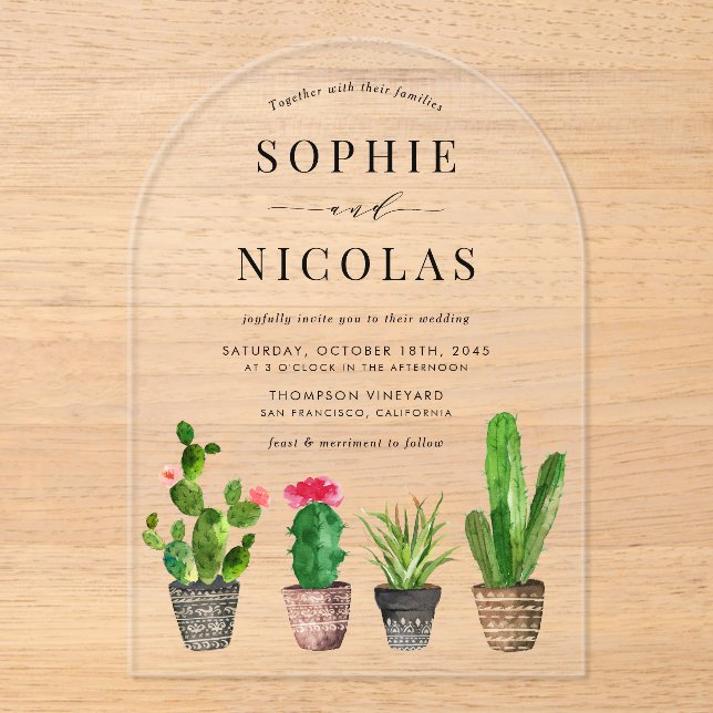 Invitaciones Acrílicas Boho Potted Succulents y Cactus Boda (Anverso)