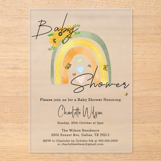 Invitaciones Acrílicas Boho Rainbow con Sunflowers Baby Shower (Anverso)