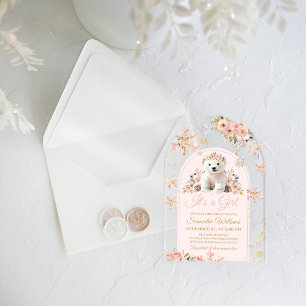 Invitaciones Acrílicas Boho Rosa Oso Invierno Es una Niña Fiesta de Bebé