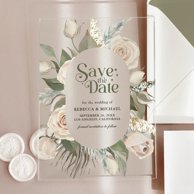Invitaciones Acrílicas Boho Rosas de marfil celebran una boda verde salva (Subido por el creador)