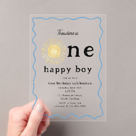 Invitaciones Acrílicas Boho Sunshine First Birday One Happy Boy Retro